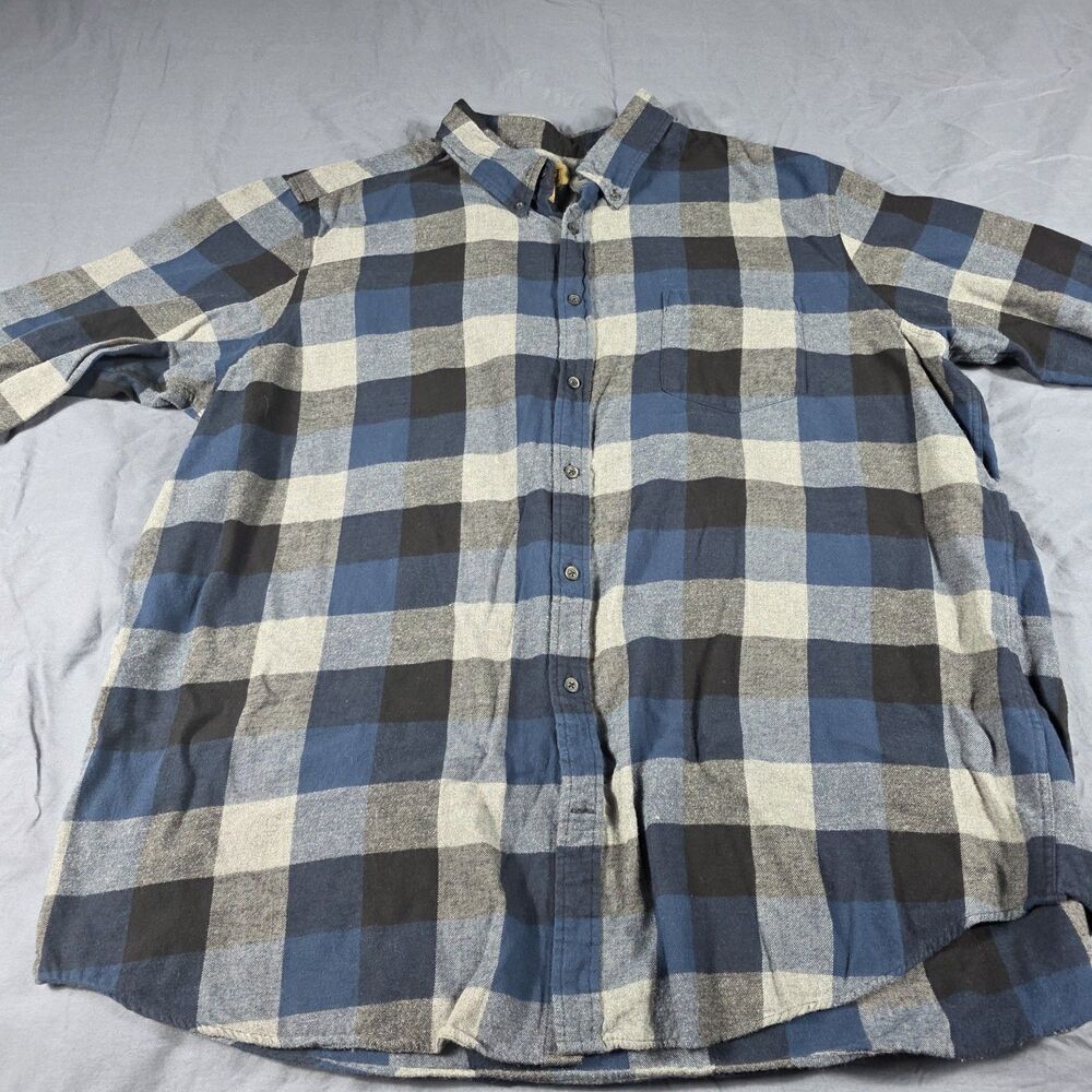 Foundry 2XLT Men's Cotton Flannel Blue Grey Plaid Button-Down Shirt Long Sleeve